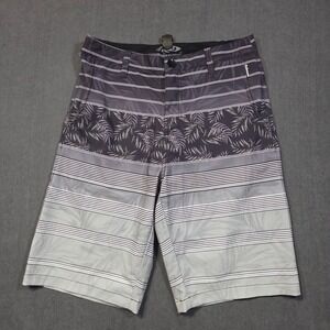 Palmwave Board Shorts Mens 32 Gray Tropical Palm Leaf Striped Swim Trunks